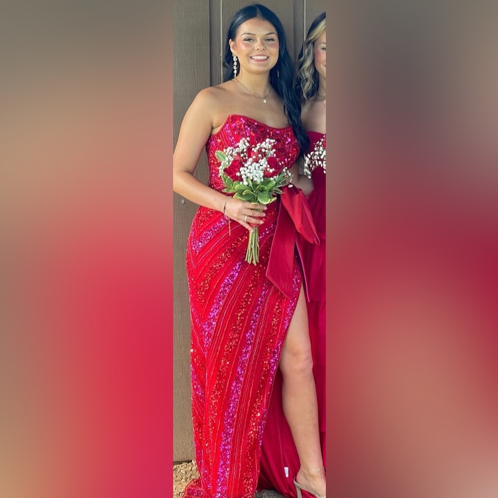 Sherri Hill Red/Fuchsia Sweetheart Neck Beaded w/Bow Skirt Slit Homecoming Sz 4
